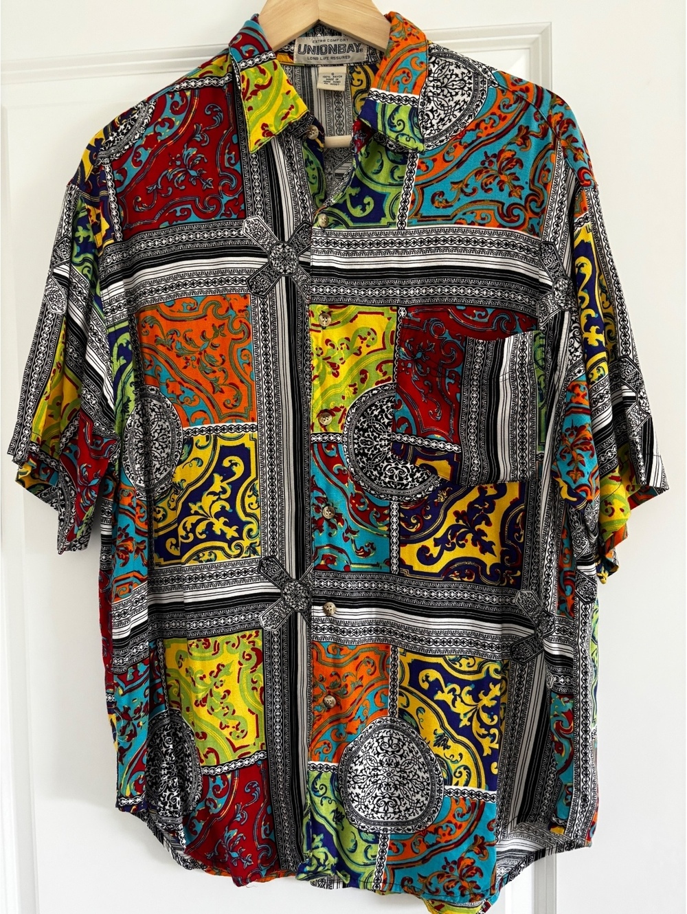 Vintage 90s Unionbay Baroque Patchwork Silk-Feel Rayon Shirt Small